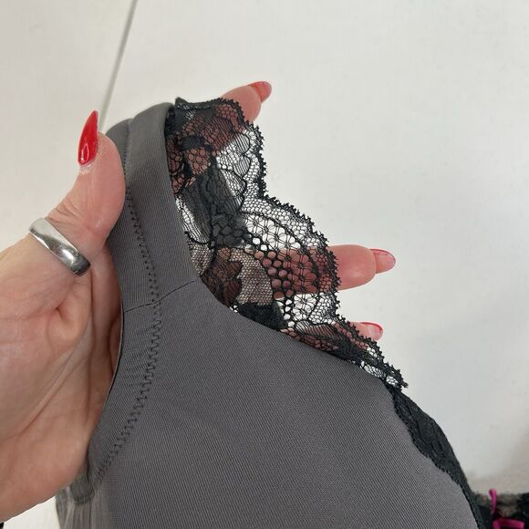 Cacique 42DD Smooth Lightly Lined Full Coverage Bra With Lace Gray Pink Bow - Picture 5 of 16